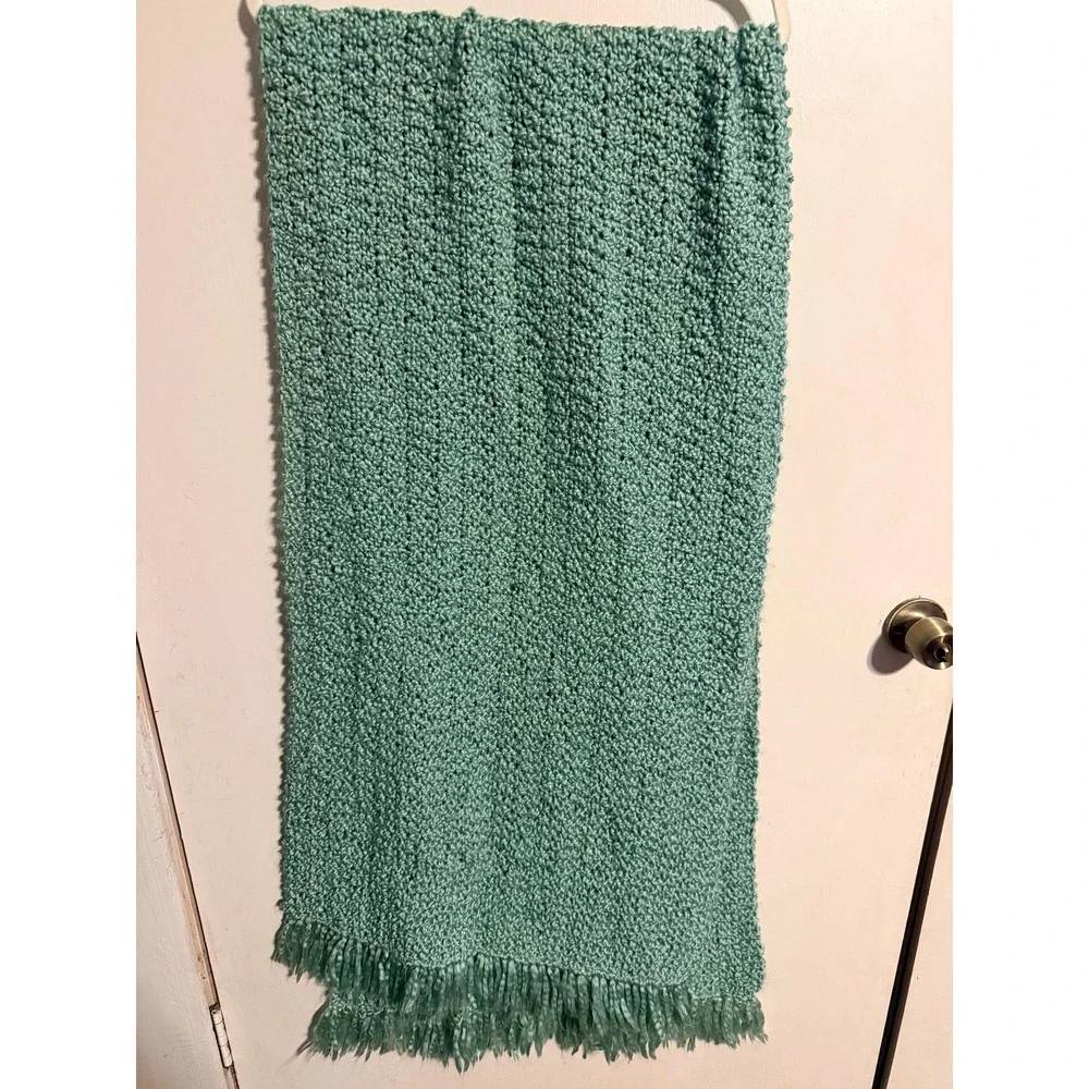 Sage Green Knit Throw Scarf Decorative Bed Runner Fringe Cottagecore Cozy Home